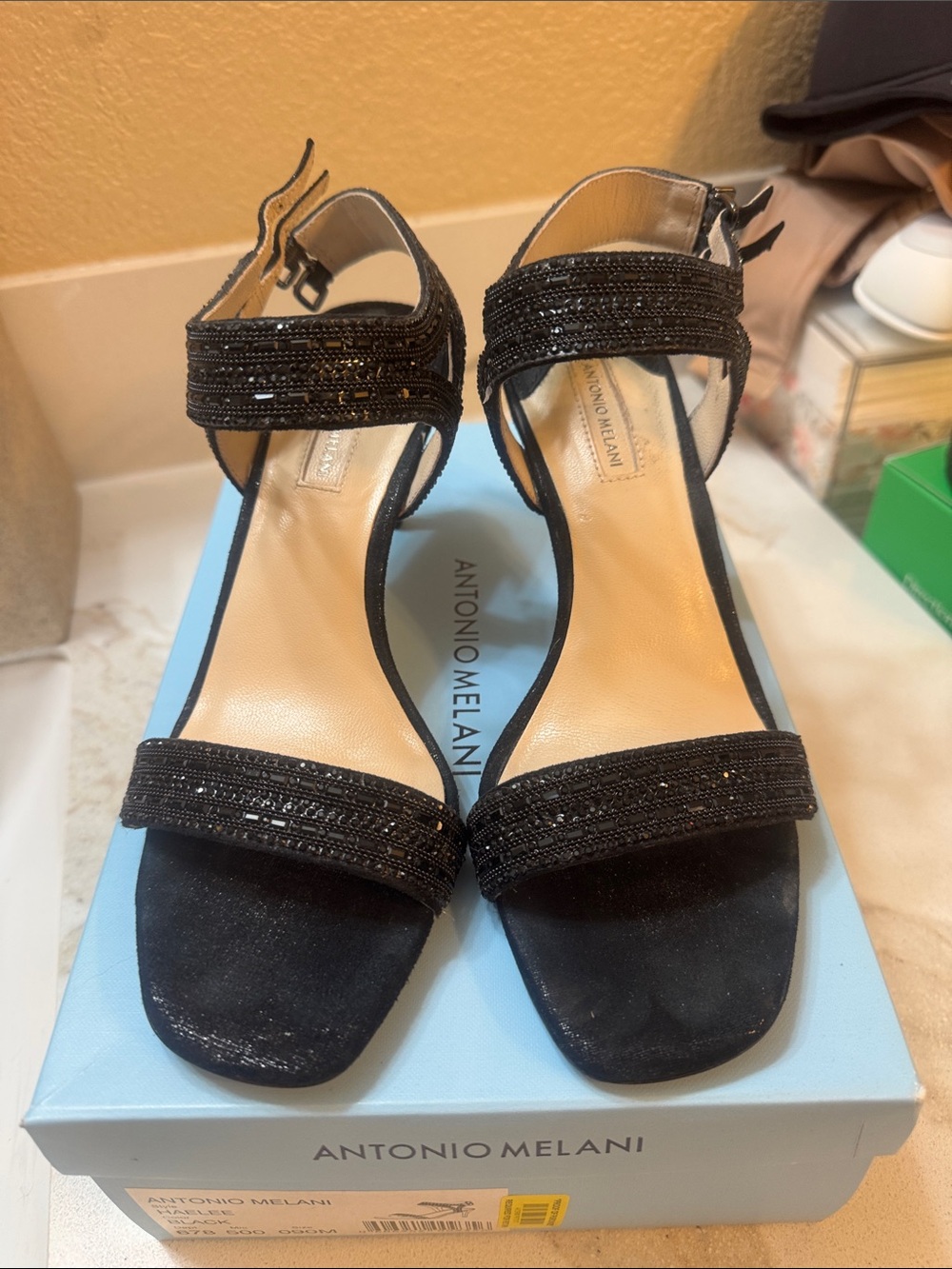 ANTONIO MELANI Black Beaded Open-Toe Ankle-Strap Heels